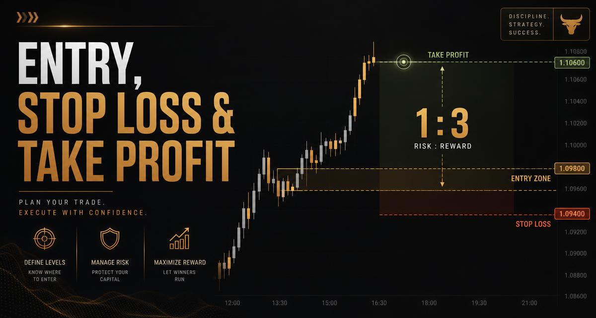 Chart illustrating an entry zone, stop loss below support and take profit target at a 1 to 3 risk reward ratio